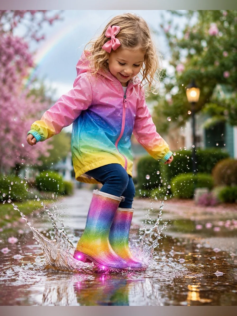 Western Chief Rainbow Sparkle Ombre Glitter Light-Up Fur-Lined Rain Boots Kids 7